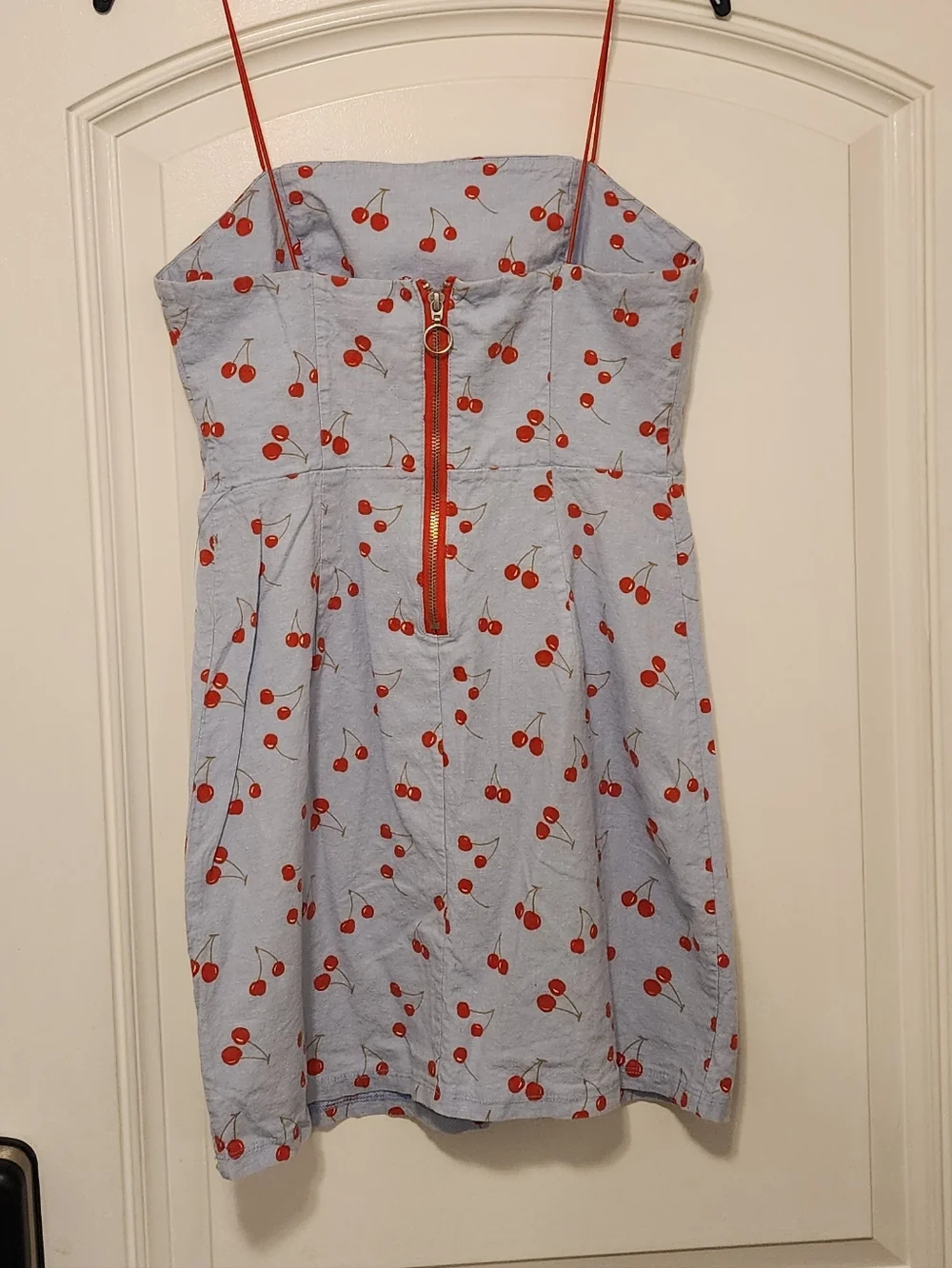 Urban Outfitters Light Blue Mini Dress with Red Cherry Print Spaghetti Strap 6 - Picture 2 of 5